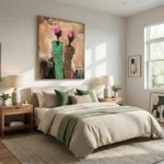 Gestural abstract hand-painted canvas depicting stylized figures with hot pink florals and layered earth tones, modern bedroom setting