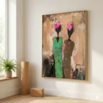 Contemporary figurative hand-painted canvas depicting two stylized figures with magenta flowers and distressed earth-toned palette, modern entryway
