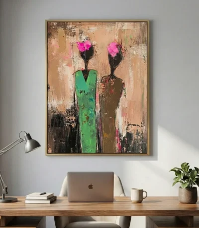 Contemporary figurative hand-painted canvas with bold magenta heads and layered earth tones, modern workspace