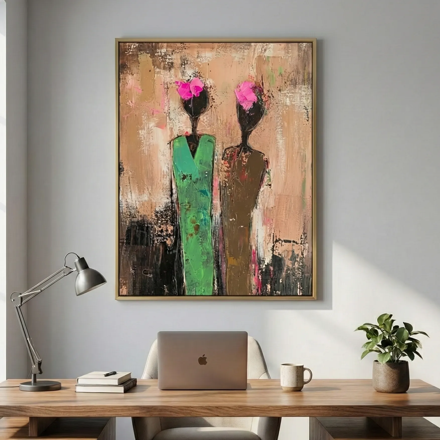 Emerald Grace – Textured Figurative Abstract Wall Decor (4) Contemporary figurative hand-painted canvas with bold magenta heads and layered earth tones, modern workspace