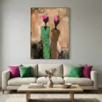 Contemporary abstract hand-painted canvas depicting two figures with vibrant pink florals, earthy palette with green and ochre, modern living space