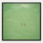 Minimalist hand-painted canvas depicting two swimmers in turquoise water, serene composition in soft green and neutral tones