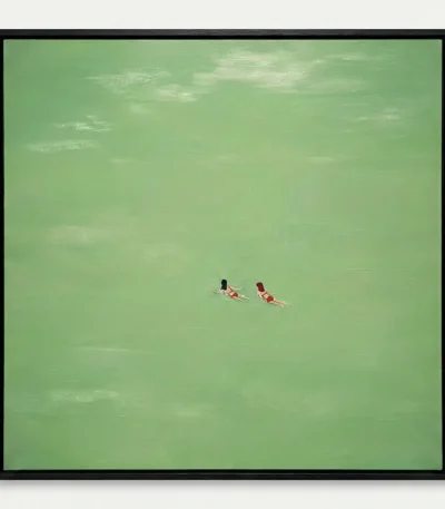 Minimalist hand-painted canvas depicting two swimmers in turquoise water, serene composition in soft green and neutral tones