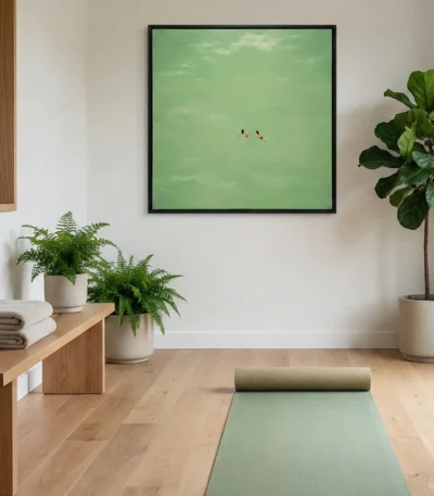 Minimalist landscape hand-painted canvas depicting two swimmers in serene green water, yoga studio setting