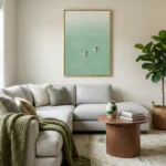 Minimalist hand-painted canvas depicting two swimmers in serene turquoise water, soft gradient palette, contemporary living space