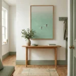 Minimalist hand-painted canvas depicting two swimmers in serene turquoise water, soft gradient palette, contemporary entryway