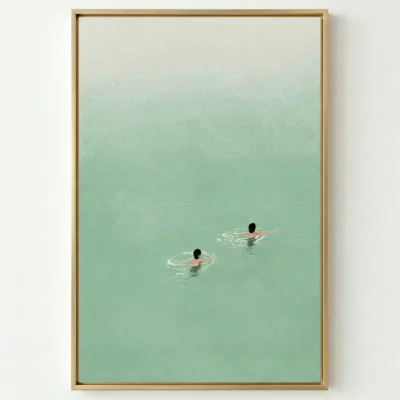 Minimalist hand-painted canvas depicting two swimmers in turquoise water with soft gradient sky, serene and contemplative