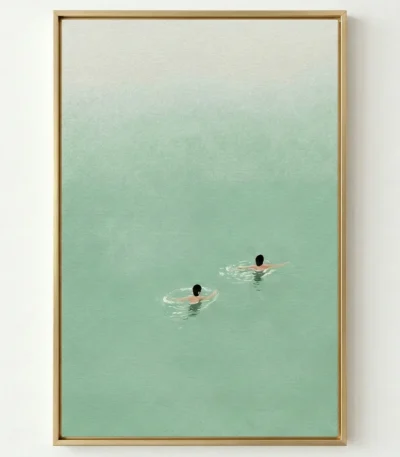 Minimalist hand-painted canvas depicting two swimmers in turquoise water with soft gradient sky, serene and contemplative