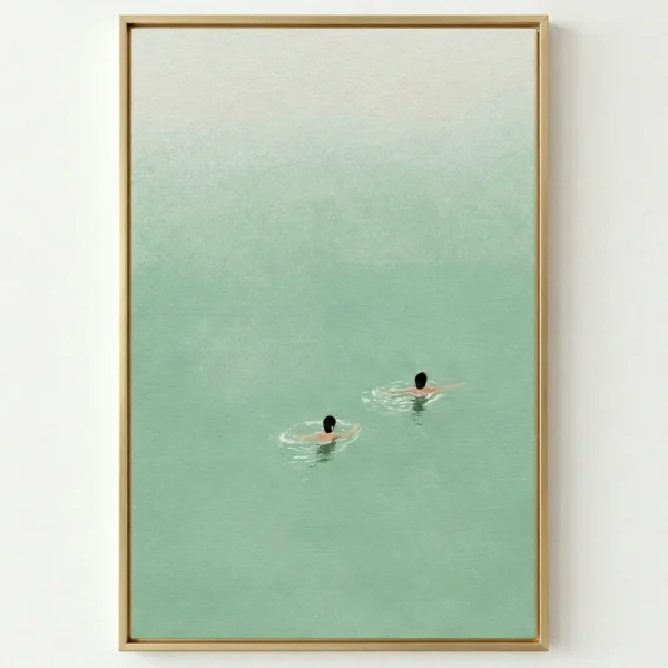 Minimalist hand-painted canvas depicting two swimmers in turquoise water with soft gradient sky, serene and contemplative