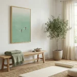 Minimalist hand-painted canvas depicting two swimmers in tranquil turquoise water, soft gradient composition, contemporary living space