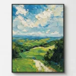 Impressionist landscape hand-painted canvas depicting rolling green hills, distant ocean, and dramatic cloudy sky in layered brushstrokes