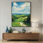 Impressionist landscape hand-painted canvas depicting rolling green hills, azure sky with white clouds, contemporary living space