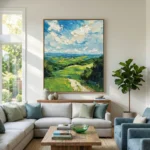 Impressionist landscape painting depicting rolling green hills beneath blue sky with dynamic brushwork, contemporary living space