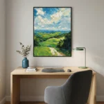 Impressionist hand-painted canvas depicting rolling green hills and blue sky with dynamic brushwork, contemporary workspace