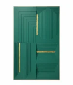 Contemporary abstract hand-painted canvas with nested rectangles and gold leaf accents in deep teal and emerald tones