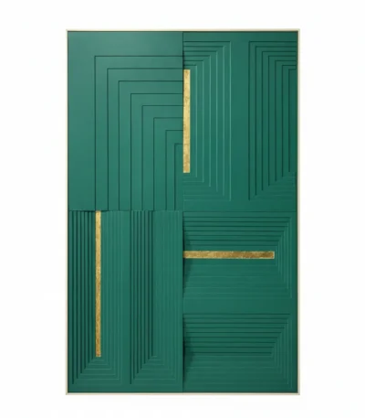 Contemporary abstract hand-painted canvas with nested rectangles and gold leaf accents in deep teal and emerald tones