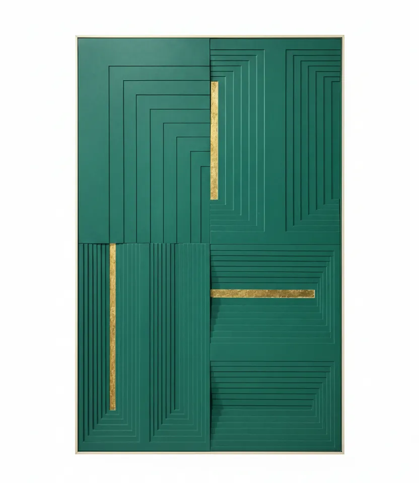 Contemporary abstract hand-painted canvas with nested rectangles and gold leaf accents in deep teal and emerald tones