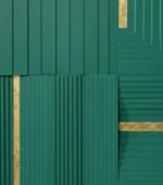 Minimalist hand-painted canvas with geometric panel divisions in layered greens and gold leaf accents, contemporary interior
