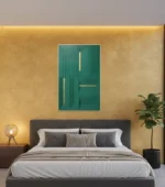 Minimalist hand-painted canvas with geometric nested rectangles in teal and gold accents, modern bedroom