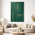Minimalist abstract hand-painted canvas with geometric line patterns in deep forest green and gold leaf accents, contemporary living space