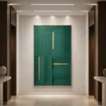 Minimalist hand-painted canvas with geometric nested rectangles in deep teal and gold accents, contemporary entryway