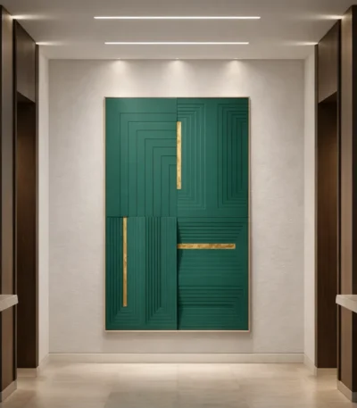 Minimalist hand-painted canvas with geometric nested rectangles in deep teal and gold accents, contemporary entryway