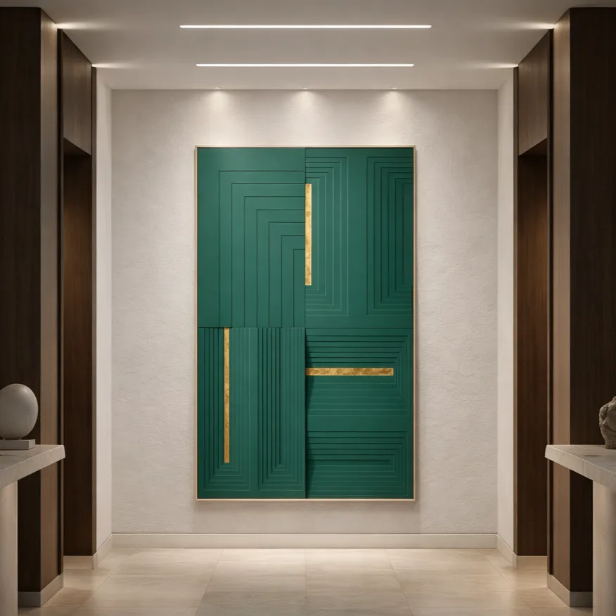Minimalist hand-painted canvas with geometric nested rectangles in deep teal and gold accents, contemporary entryway