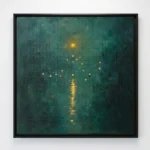 Abstract hand-painted canvas with golden light reflections and scattered warm accents against deep teal layered background
