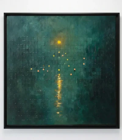Abstract hand-painted canvas with golden light reflections and scattered warm accents against deep teal layered background