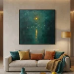 Textured abstract hand-painted canvas depicting rainy cityscape with golden light reflections in moody teal and amber tones, contemporary living space