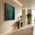 Textured abstract hand-painted canvas depicting luminous cityscape lights in deep teal and golden yellows, contemporary hallway setting