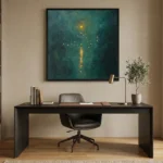 Atmospheric hand-painted canvas depicting rain-streaked urban lights reflecting in water, layered in teal and golden tones, professional workspace