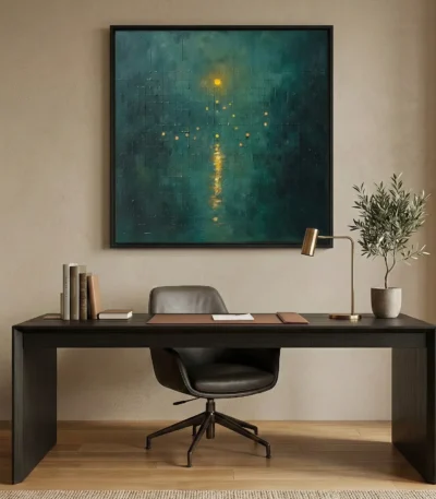 Atmospheric hand-painted canvas depicting rain-streaked urban lights reflecting in water, layered in teal and golden tones, professional workspace