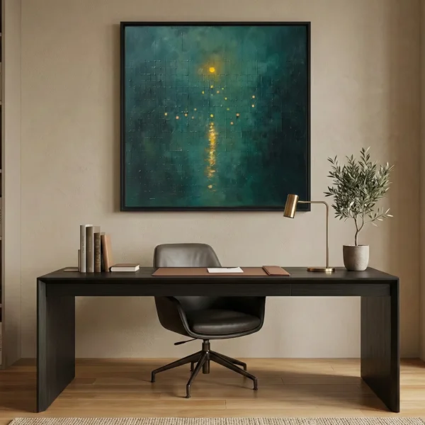 Atmospheric hand-painted canvas depicting rain-streaked urban lights reflecting in water, layered in teal and golden tones, professional workspace