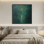 Textured abstract hand-painted canvas depicting rainy city lights with golden reflections in moody teal and charcoal tones, modern bedroom