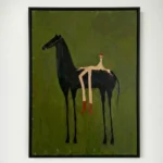 Contemporary figurative hand-painted canvas depicting elongated black horse with seated figure in cream and red tones against olive green background