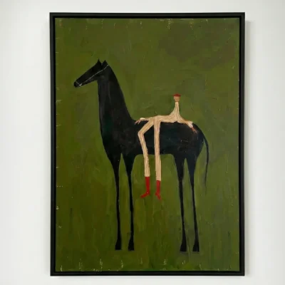 Contemporary figurative hand-painted canvas depicting elongated black horse with seated figure in cream and red tones against olive green background
