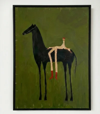 Contemporary figurative hand-painted canvas depicting elongated black horse with seated figure in cream and red tones against olive green background