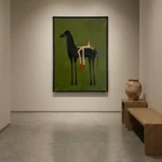 Minimalist figurative hand-painted canvas depicting a stylized black horse with geometric rider in cream and red, vibrant chartreuse background, gallery setting