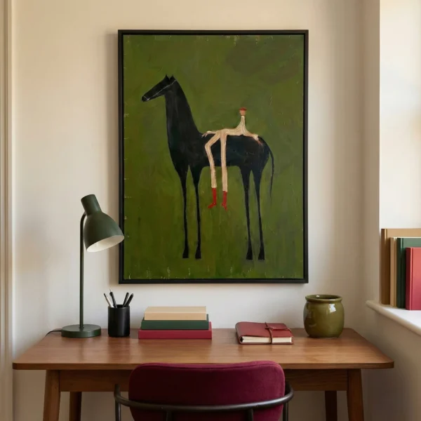 Figurative hand-painted canvas of a black horse with elongated rider in red boots against muted green backdrop, contemporary workspace