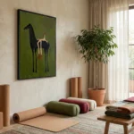 Minimalist figurative hand-painted canvas depicting an elongated black horse with cream legs against vibrant green ground, contemporary studio space
