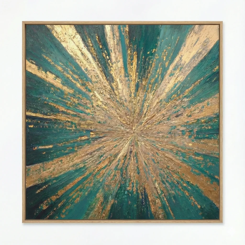 Abstract hand-painted canvas with radiant sunburst pattern in teal, gold, and cream tones