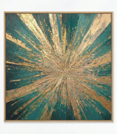 Abstract hand-painted canvas with radiant sunburst pattern in teal, gold, and cream tones