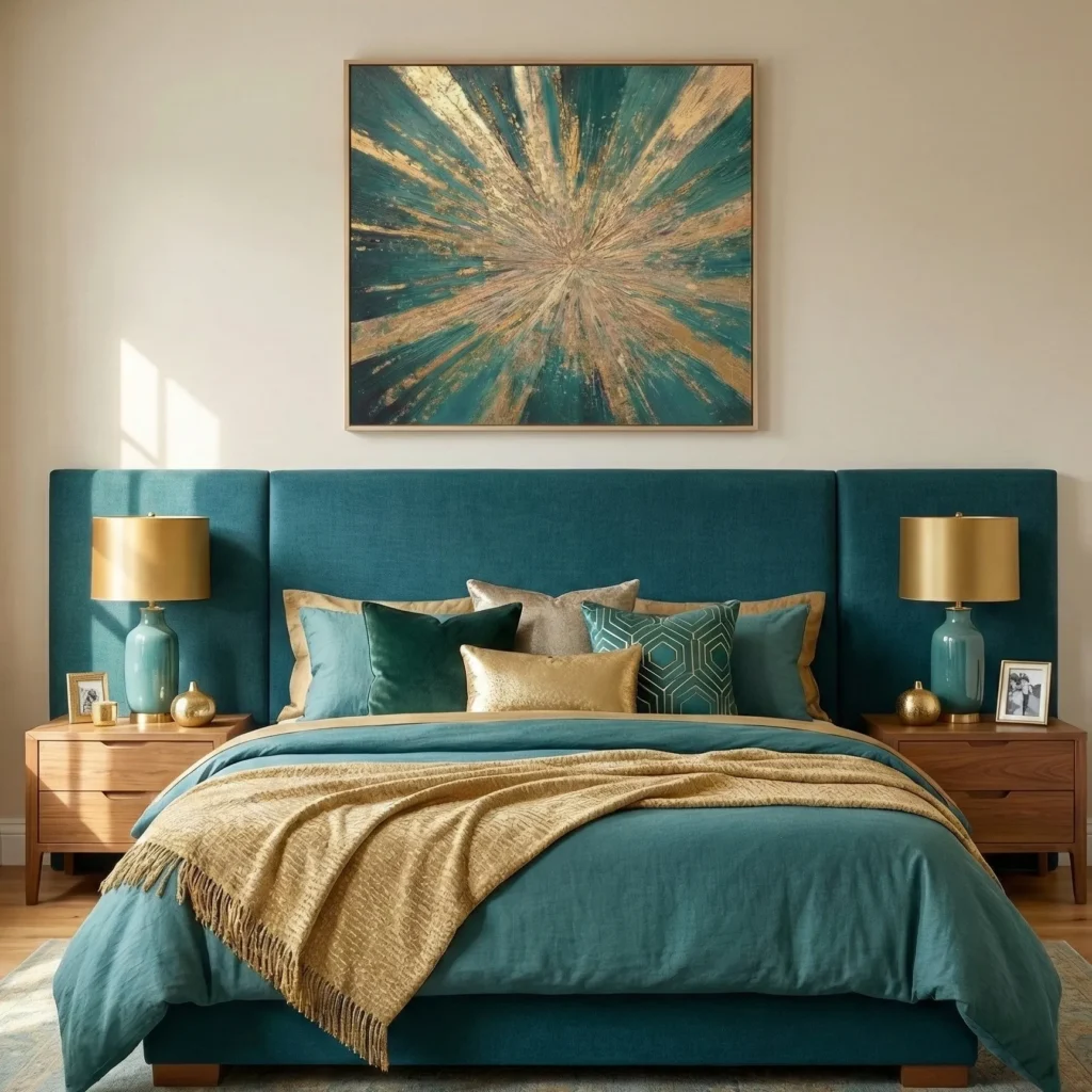Gestural abstract hand-painted canvas with radiating gold and teal brushstrokes converging toward center, contemporary bedroom