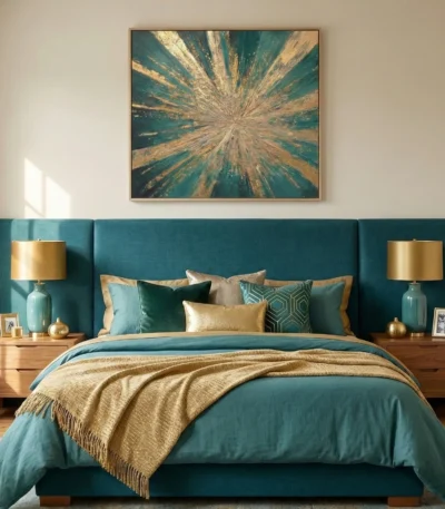 Gestural abstract hand-painted canvas with radiating gold and teal brushstrokes converging toward center, contemporary bedroom