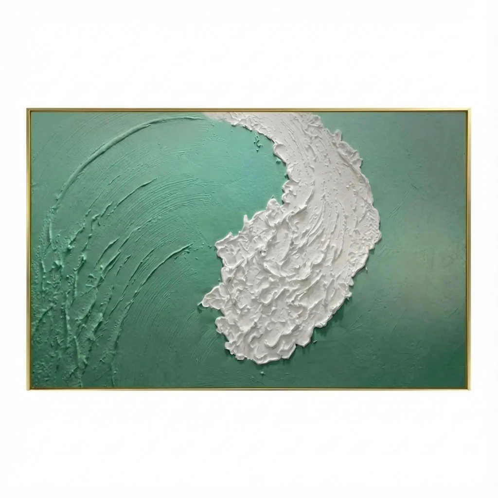 Textured abstract hand-painted canvas with white gestural brushstrokes and layered green tones, contemporary living space