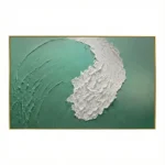 Textured abstract hand-painted canvas with white gestural brushstrokes and layered green tones, contemporary living space