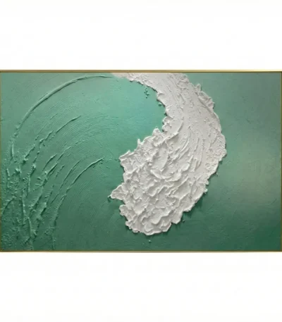 Textured abstract hand-painted canvas with white gestural brushstrokes and layered green tones, contemporary living space