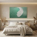 Textured abstract hand-painted canvas in soft sage green and white with gestural brushwork, modern bedroom setting