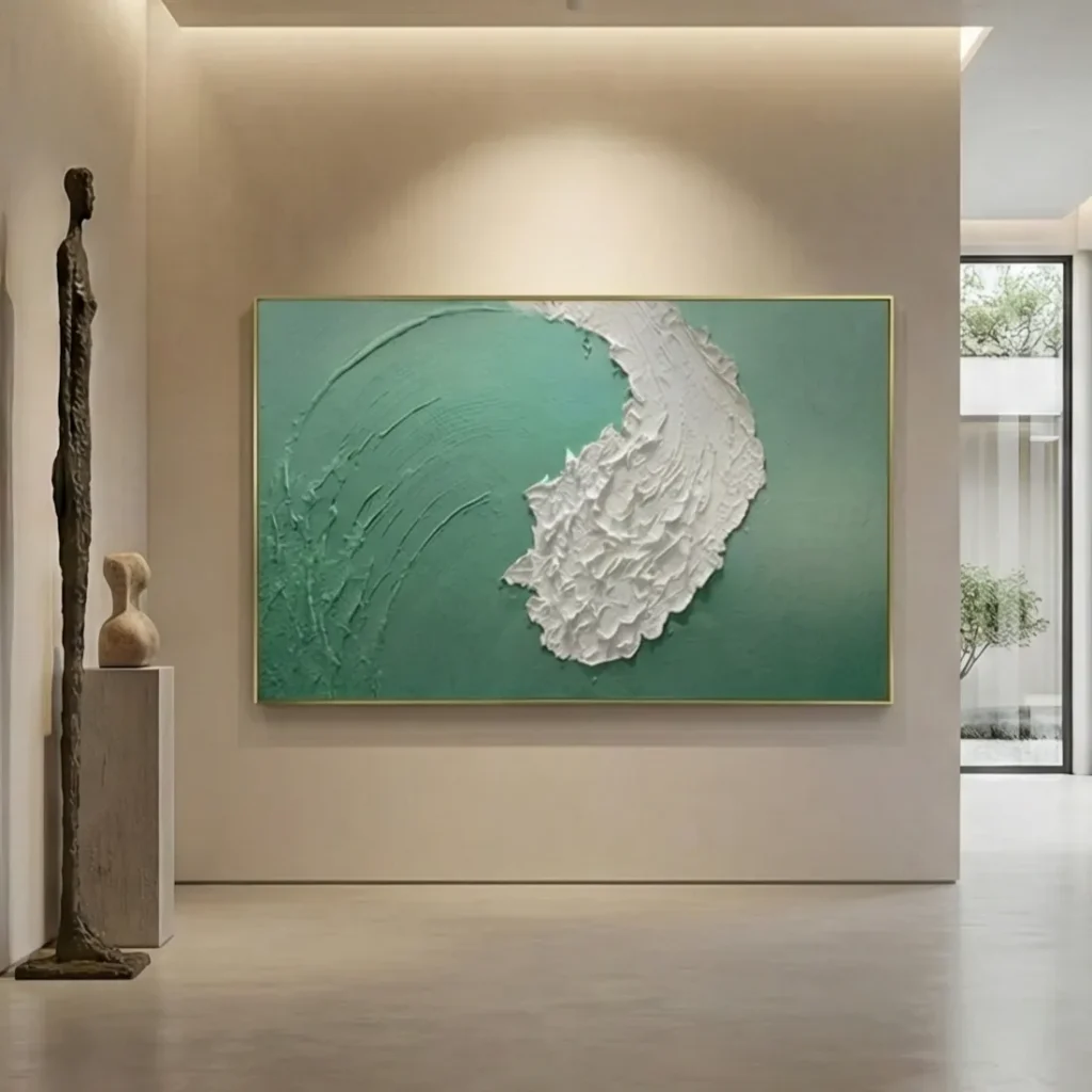 Textured abstract hand-painted canvas in sage green and white with layered gestural brushwork, contemporary gallery space